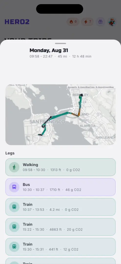 HERO2 trip detail with walking, bus and train legs on a Bay Area map