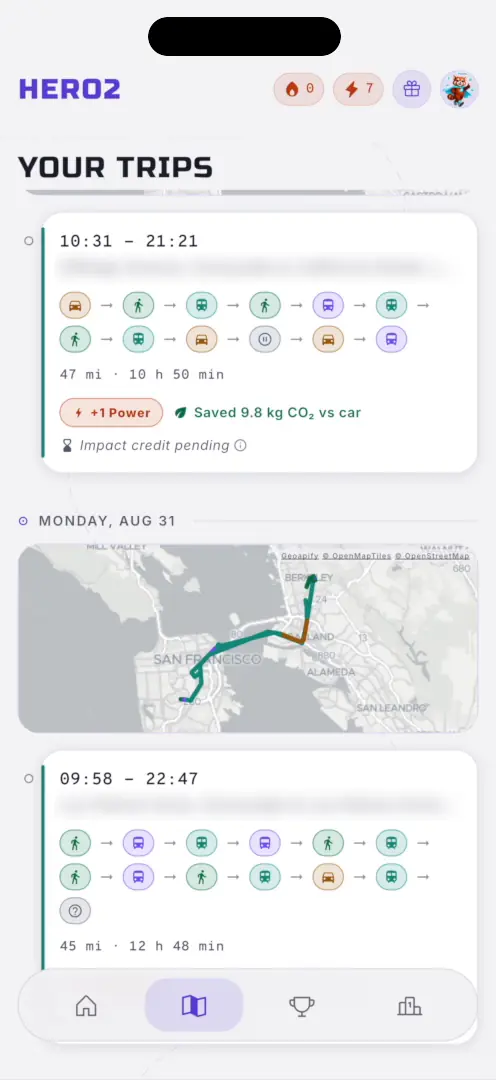 HERO2 Your Trips screen with walking, bus and train trips and the CO₂ saved